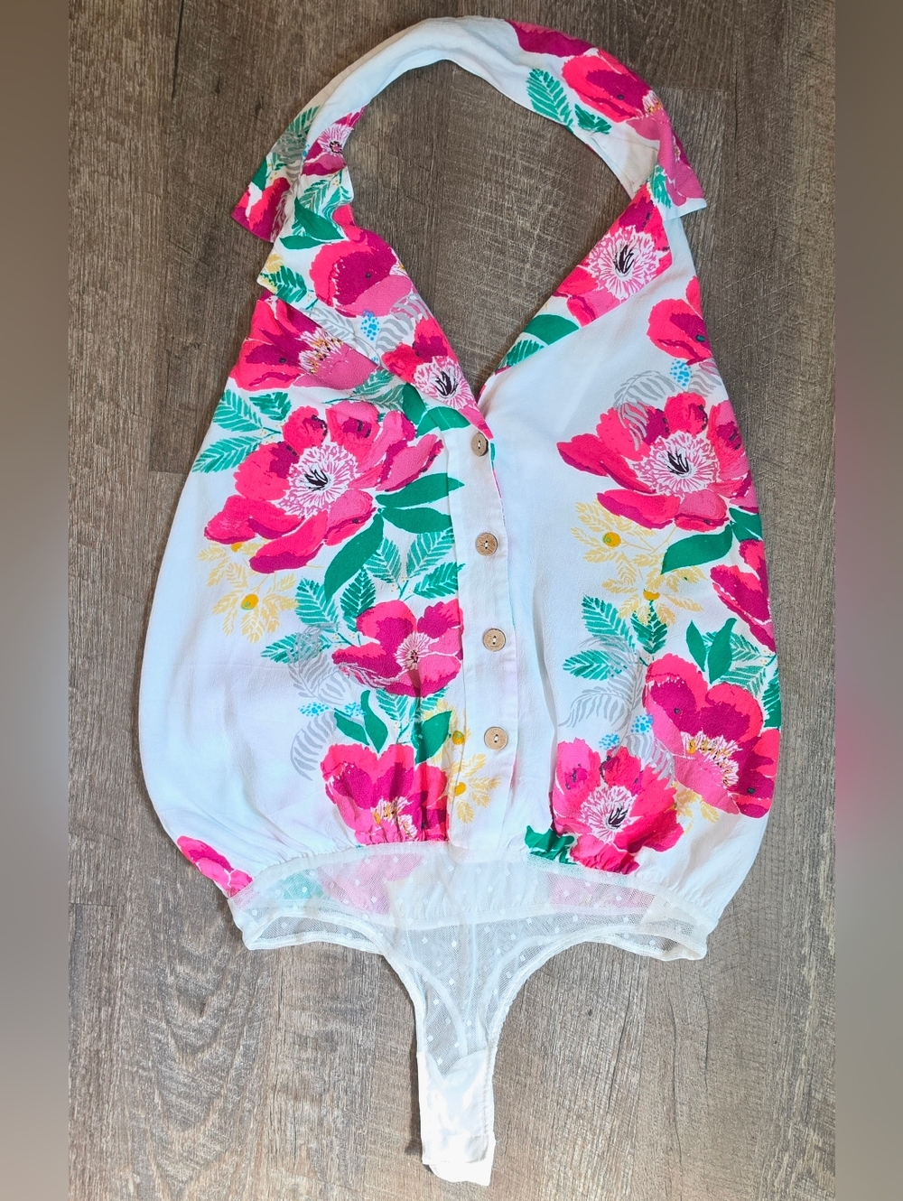Free People Intimately Offshore Floral Button-Down Halter Bodysuit Womens S Whit - Picture 6 of 13